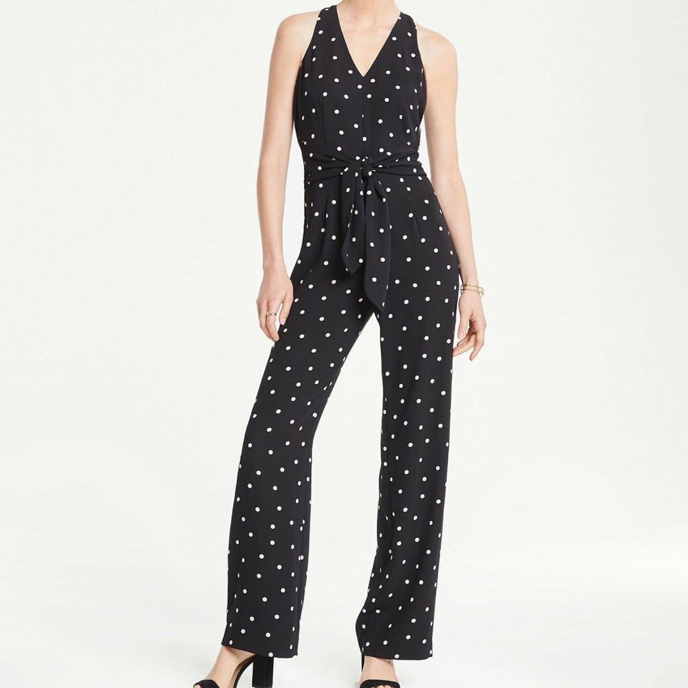 Ann Taylor Factory Black Polka Dot Tie Waist V-Neck Jumpsuit Size LP